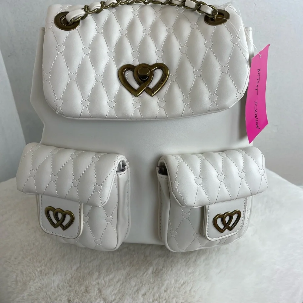 Betsey Johnson White Quilted Heart Accent Backpack